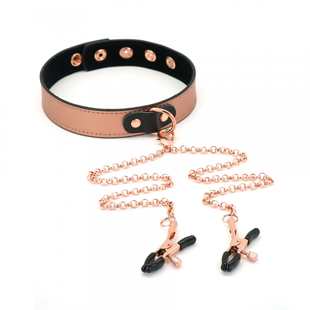 Ошейник с зажимами для сосков Liebe Seele Rose Gold Memory Collar with Nipple Clamps (SO9495)