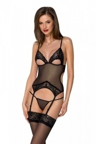 Корсет Passion Кріста Corset black S/M: з підв'язками і ажурним ліфом, стрінги в комплекті (SO5757)