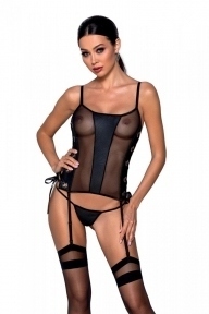 Сітчастий корсет з еко-шкіри Passion Malwia Corset black XXL/XXXL: з люверсами та знімними пажами (SO5767)