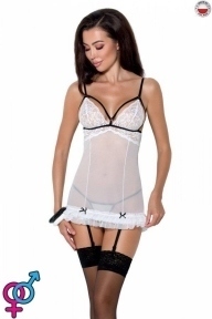 Сорочка прозора з пажами ORIHIME CHEMISE white L/XL - Passion, трусики, стрэпы (EL16404)