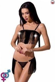Комплект білизни KASSANDRA SET OpenBra black L/XL - Passion Exclusive: ліф з бахроми, трусики-спідниця (PS26301)