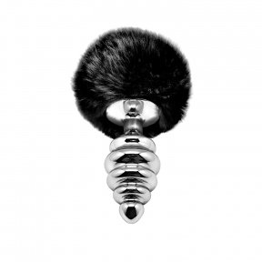 Металлическая анальная пробка Кроличий хвостик Alive Fluffly Twist Plug L Black (SO6311)