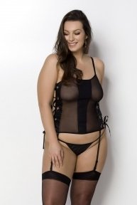 Сітчастий корсет з екошкіри, з люверсами та знімними пажами Malwia Corset black 4XL/5XL — Passion (SO7098)