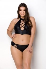 Комплект з еко-шкіри Nancy Bikini black 6XL/7XL - Passion, бра та трусики з імітацією шнурівки (SO7103)