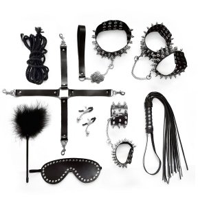 Набір Art of Sex - Spikes BDSM Set Leather, 10 предметів, натуральна шкіра, Чорний (SO7140)