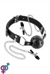 Повітропроникний кляп з затискачами для сосків Fetish Tentation Rigid Gag Ball with Nipple Clamps (SO4037)